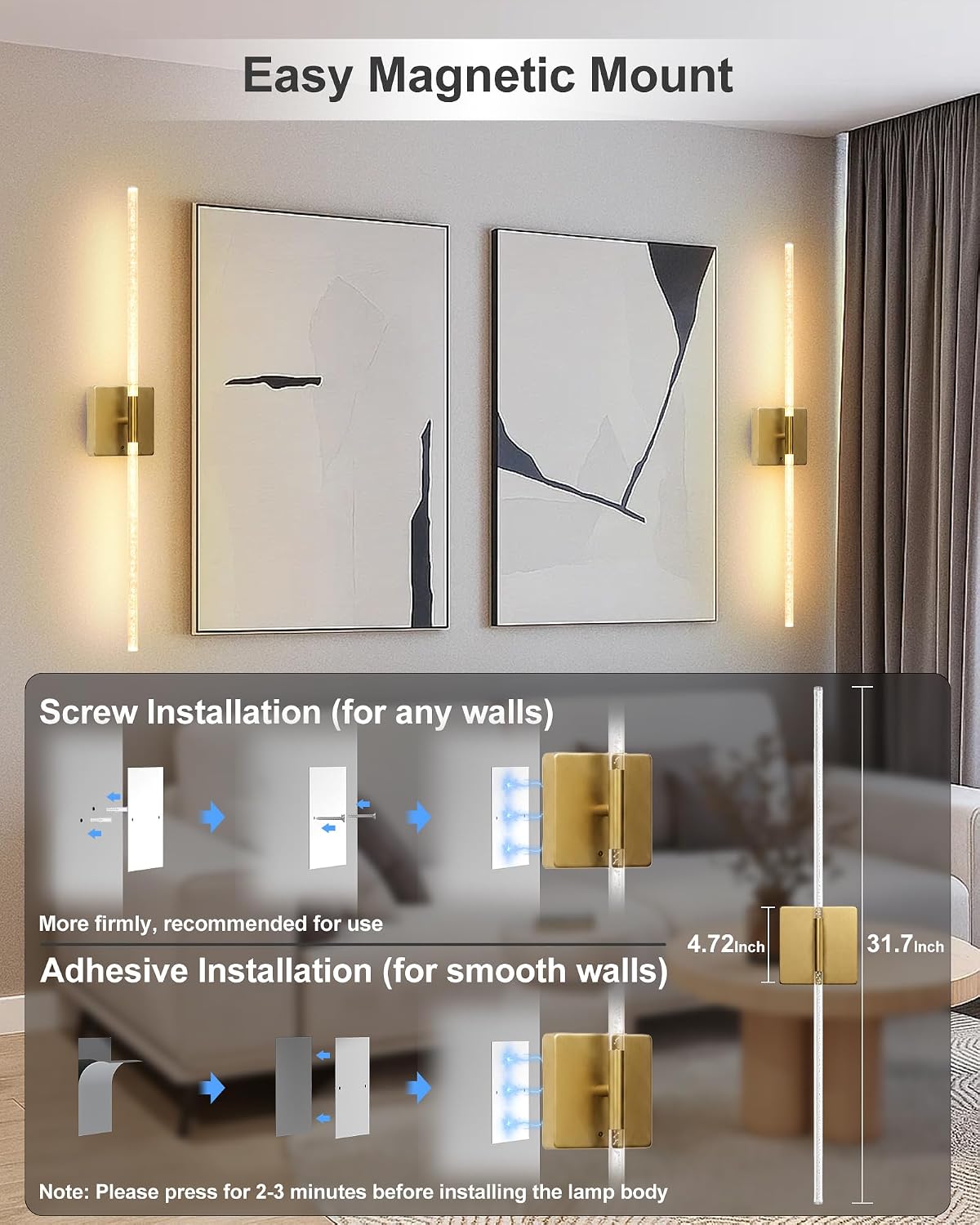 Wall Sconce Set of 2: Gold Rechargeable Wireless Magnetic Install, Crystal | 10000mAh Battery Operated, 360° Rotatable