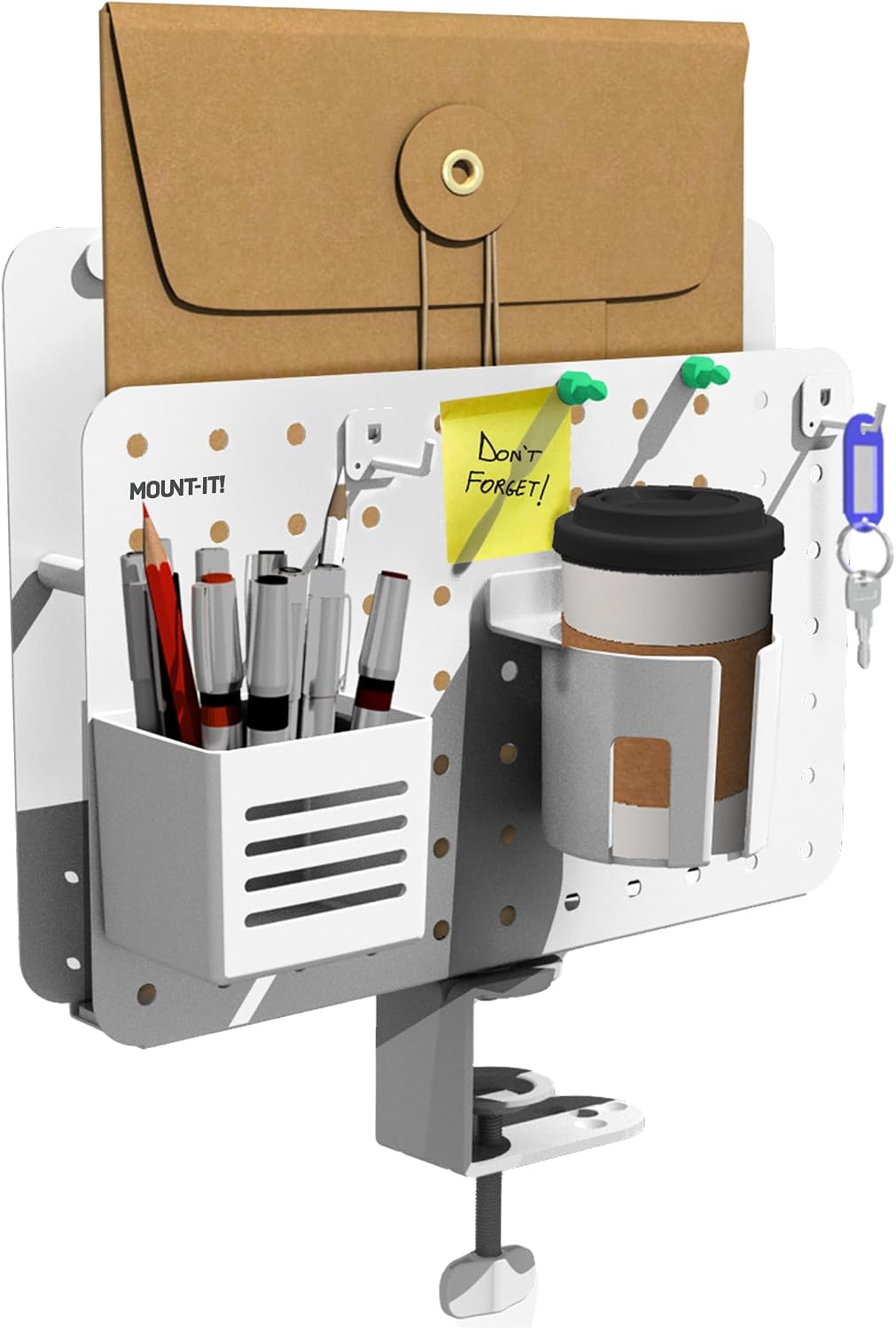 Mount-It! Desk Pegboard Organizer, 360 Rotation, White | Clamp-on desk storage with cup holder, pen holder, hooks &