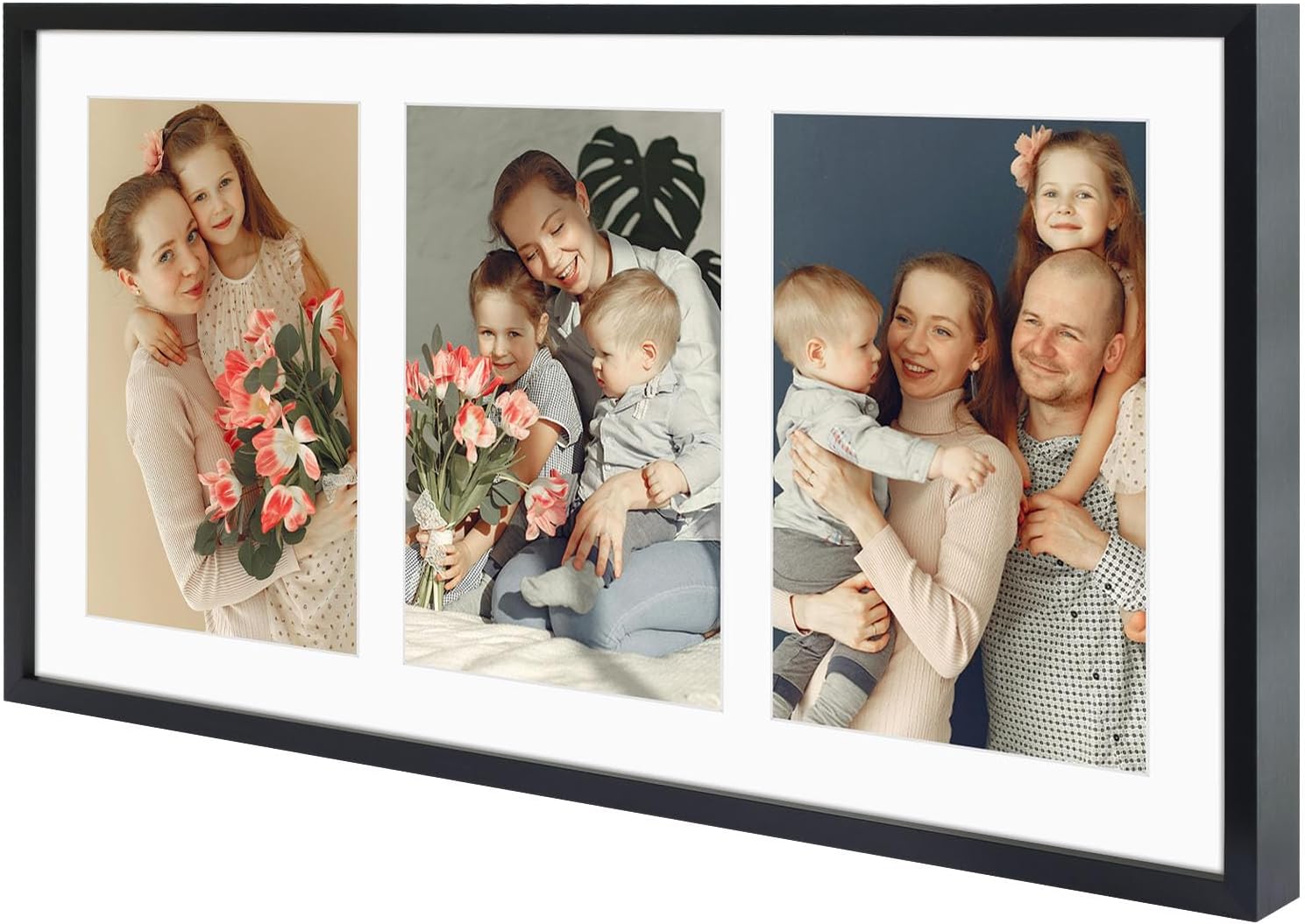 Golden State Art 8.5x16.3 Collage Frame for 3 5x7 Photos Black 2 Pack | Aluminum Picture Frame with Real Glass Front