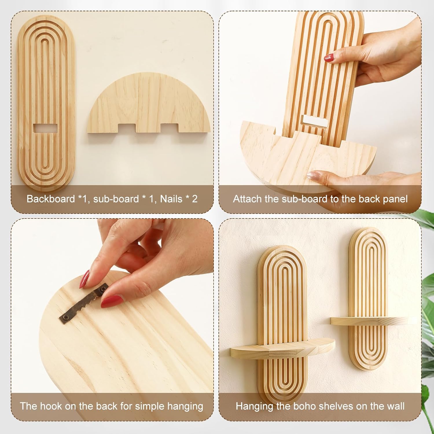 Handmade Solid Wood Floating Shelves Rainbow Arch Trinket Storage Rack Wall / 1 Beige / Set of 2
