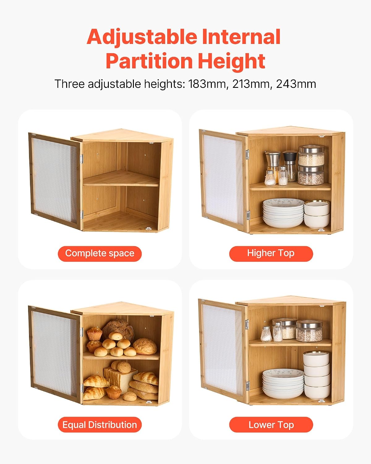 VEVOR Corner Bread Box for Kitchen Counter, Double Layer Large Capacity Bamboo Bread Storage Container, Farmhouse