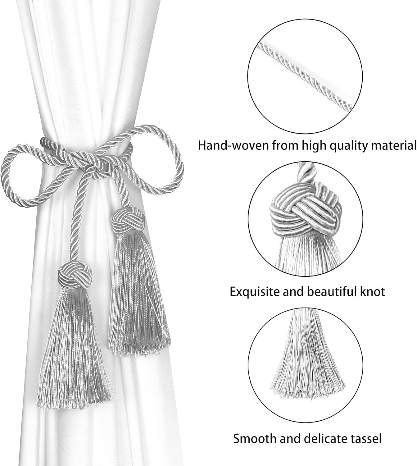 BEL AVENIR 6 Pack Handmade Rope Tassel Curtain Tiebacks | Decorative Curtain Holdbacks with Tassel (Silver, 6 Pack)
