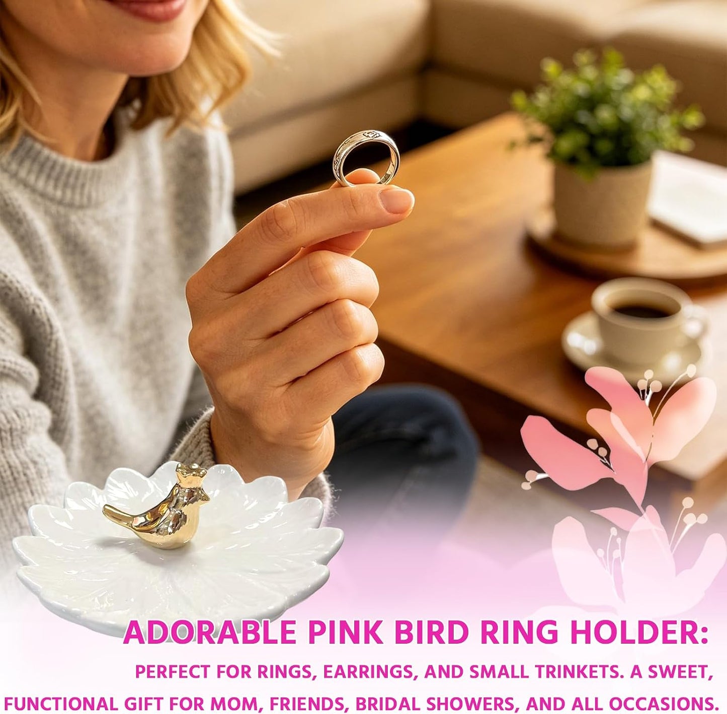 Golden Bird Ceramic Ring Holder Dish for Women / White