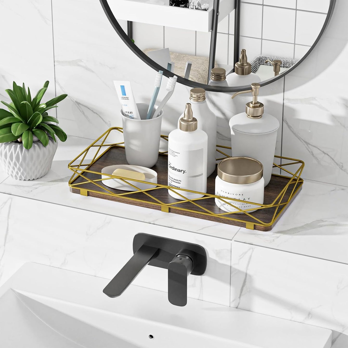 Wood and Metal Toilet Tray Vanity Organizer Bathroom Tray / Brown+gold