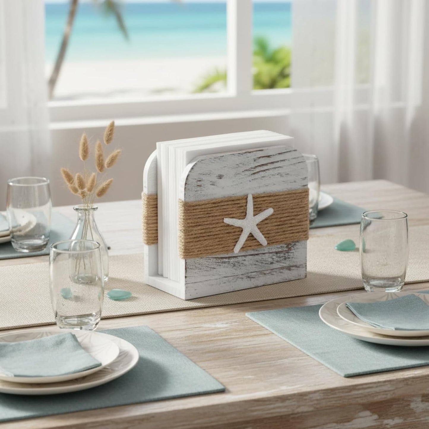 Natural Wooden Napkin Holder / Beach Style / White