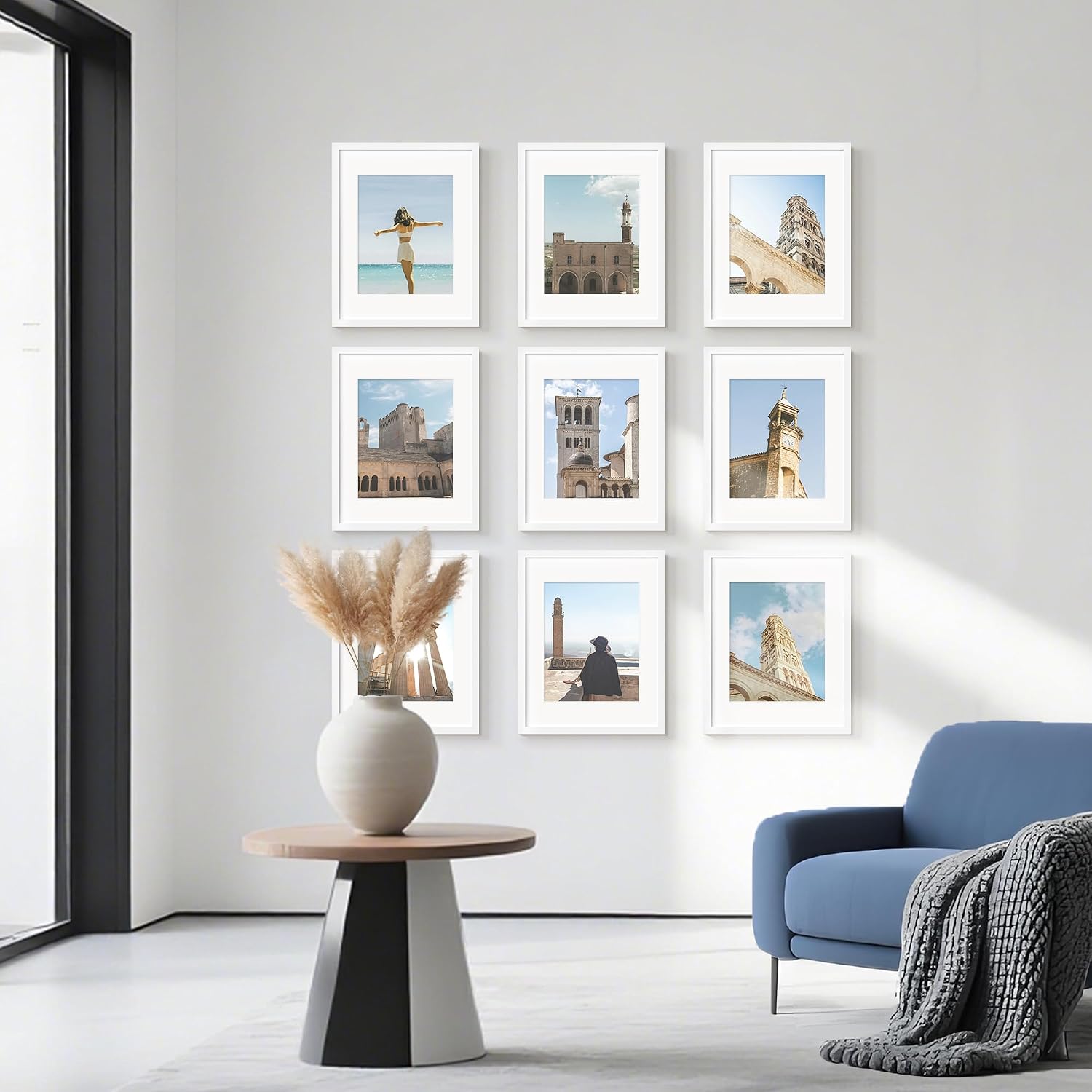 Wiscet Picture Frame Set of 9, 11x14 with Mat or 8x10, White, Classic Design, Engineered Wood, Wall Mount or Tabletop
