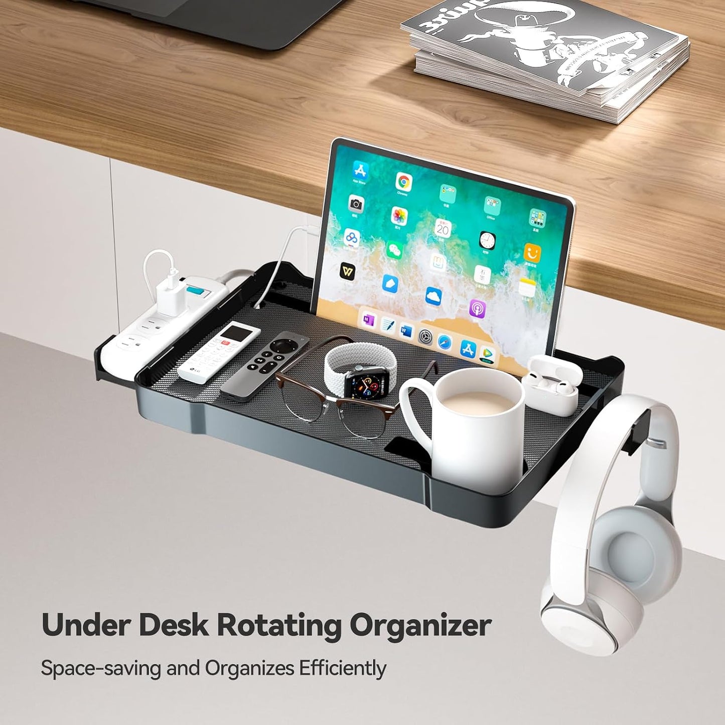 KDD Under Desk Organizer - 360° Rotating Clamp-On Tray with Headphone Hook, Phone & Tablet Holder, Cup Holder, and