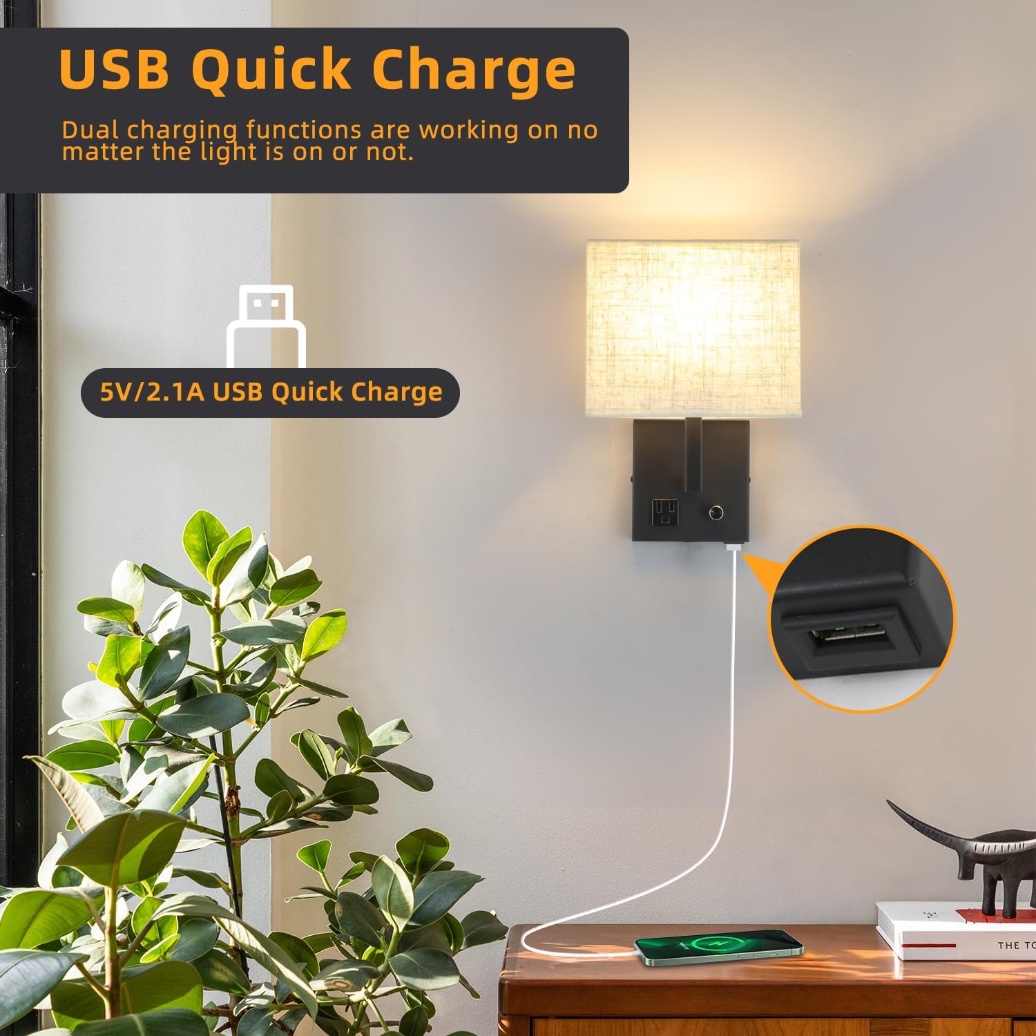 Bedside Wall Mount Light with Outlet and Dimmable Switch, Black Fabric Shade Wall Sconce Light with USB Port and Plug