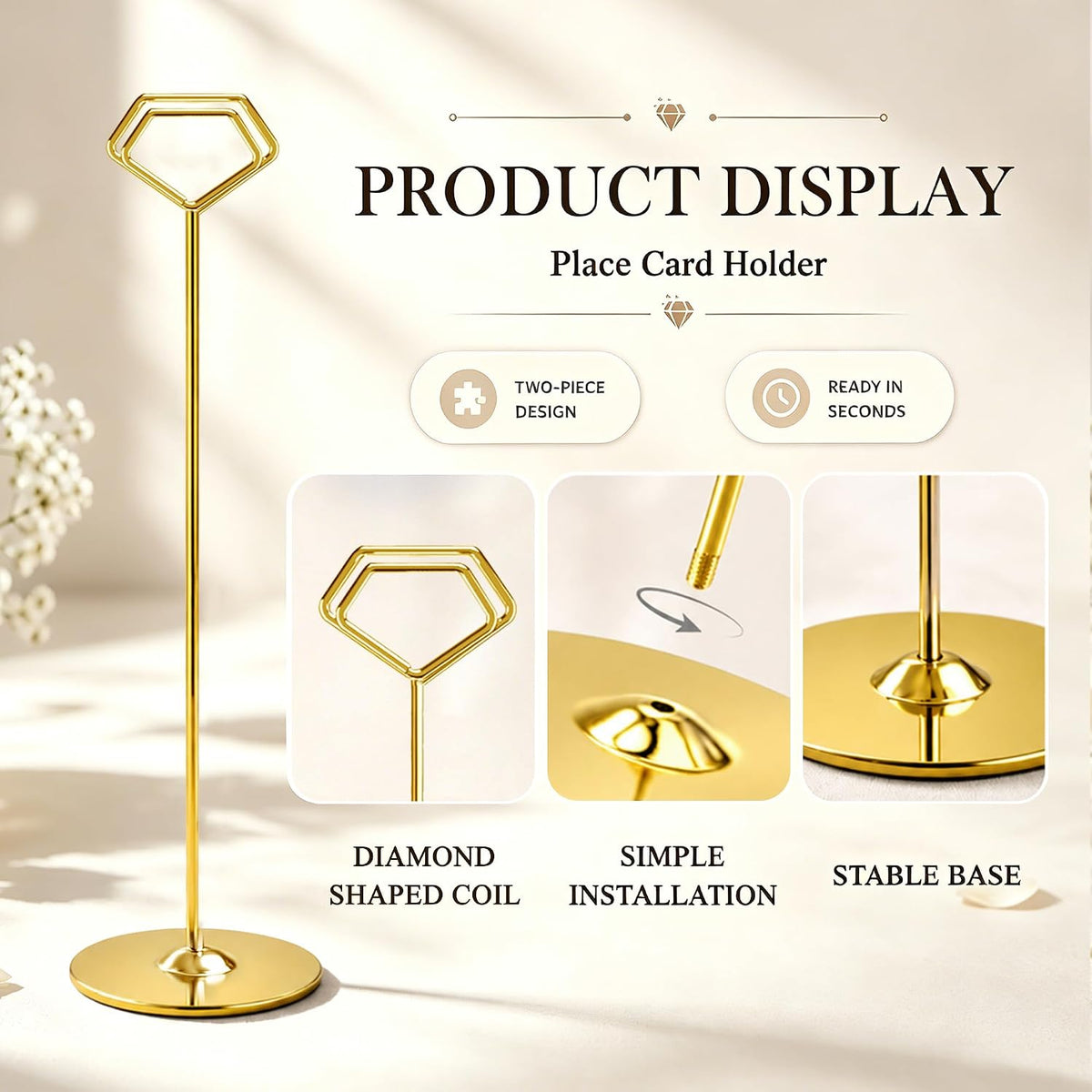 16 Pack 12 Inch Table Number Holders, Gold Diamond Place Card Holders | Steel Table Card Stands for Weddings