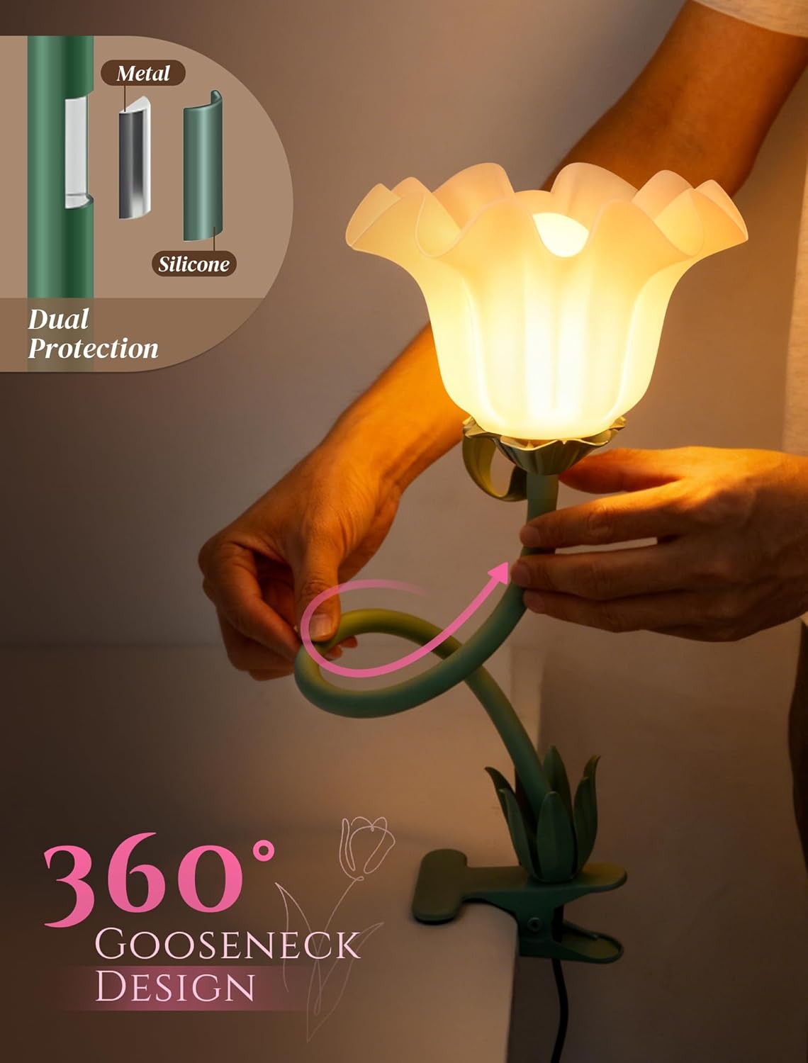 Clip On Flower Lamp for Bedroom, Aesthetic Bedside Reading Light with Flexible Gooseneck, 3 Color Modes Cute Desk Lamp