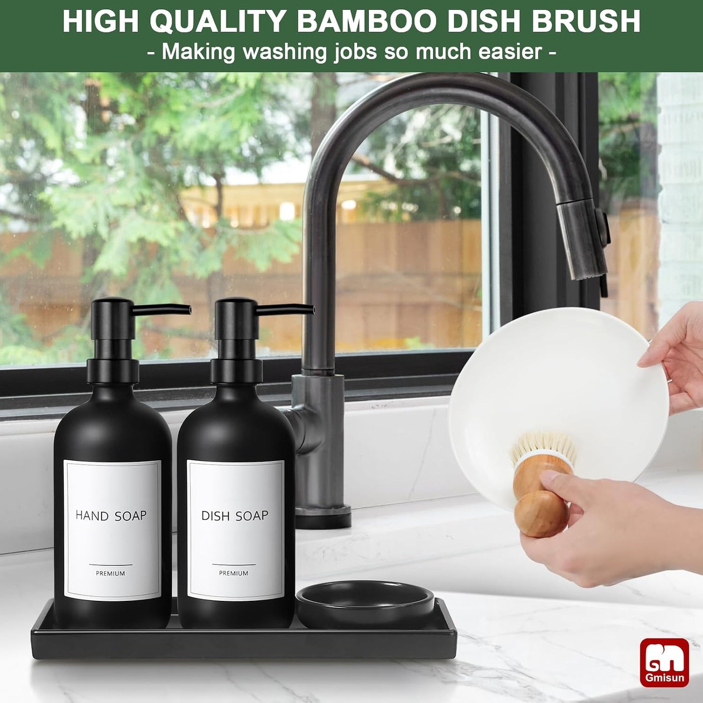 GMISUN Kitchen Soap Dispenser Set, 17 fl oz Dish Soap Dispenser with Ceramic Tray & Bamboo Brush for Kitchen, 2Pcs