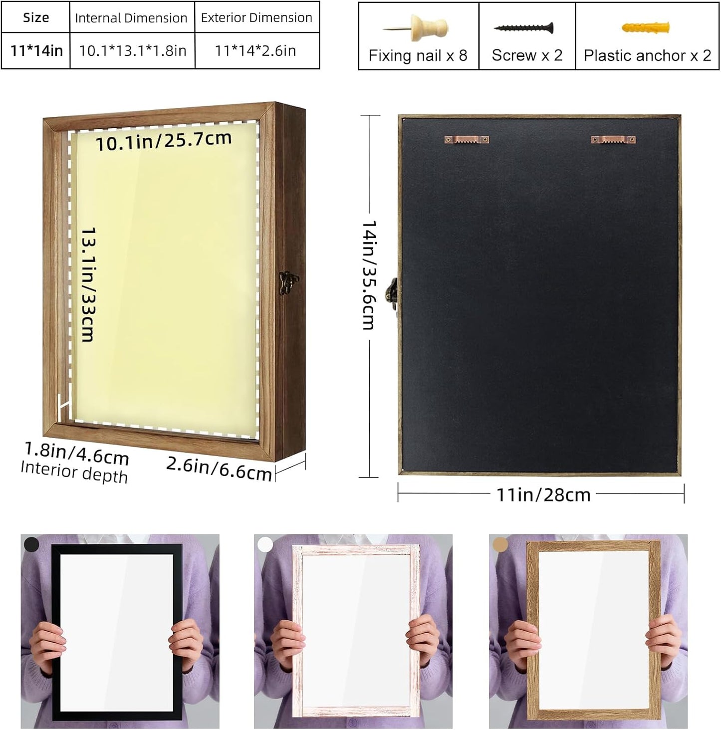 TJ.MOREE Shadow Box 11x14 Memory Display Case Wood Picture Frame Carbonized | Fits 10x13 Inserts with Linen Back &