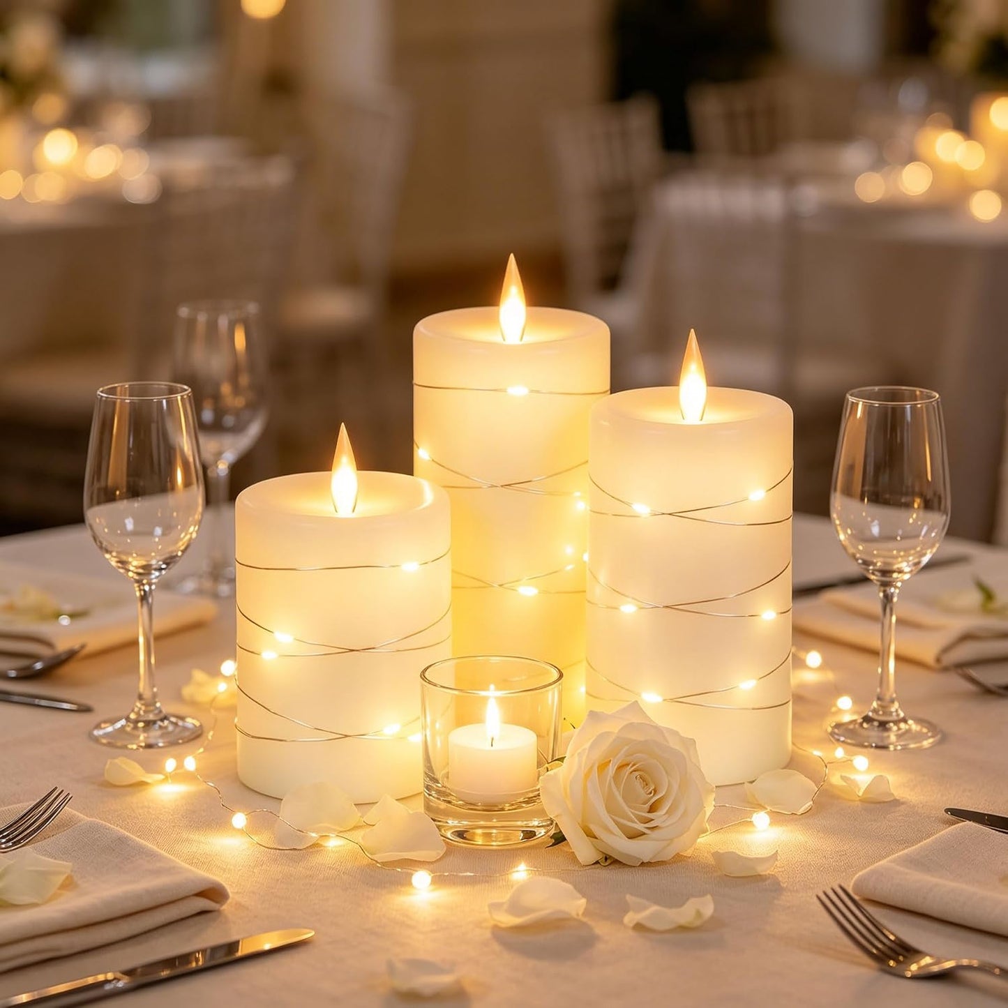 Da by 3 Pack Ivory Real Wax Flameless Taper Candles, Lifelike Flickering LED Flame Candles with Surrounding Copper