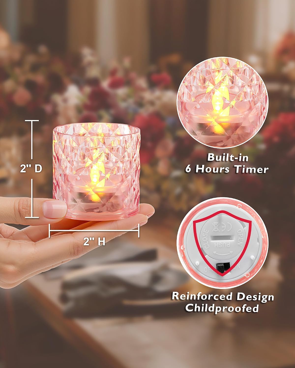 Homemory 2" Pink Acrylic Flameless LED Votive Candles, 6 H Timer, 12 Pack | 6h auto timer, flicker Warm White glow