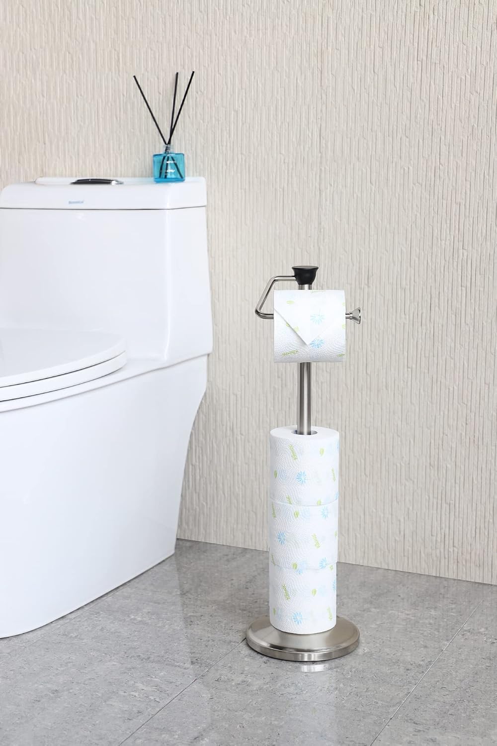 Toilet Paper Holder with Storage - Free Standing Tissue Dispenser - Nickel Finish - Holds up to 5 Mega Rolls - No Tools