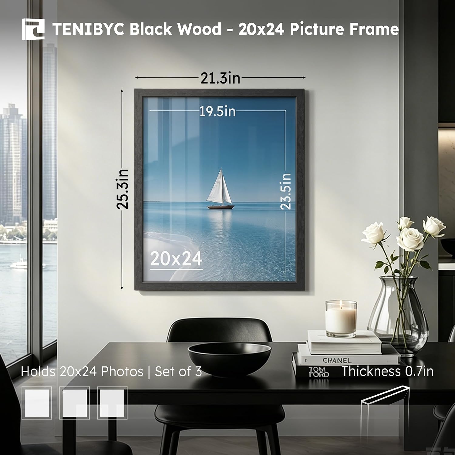 20x24 Picture Frame, Black Wood, 3 Pack, Wall Hanging for Poster | Thick Polished Plexiglass, Large Poster Frame for