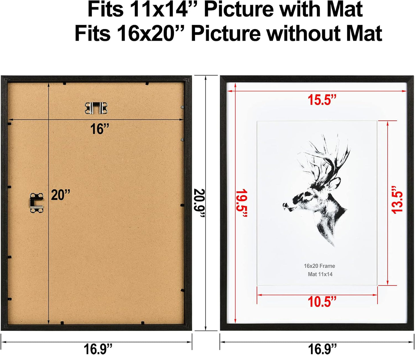 Yaetm 16x20 Frame Matted to 11x14 Set of 4, Solid Wood Black Picture Frame 16x20 for Photos, Posters & Art Prints, Wall