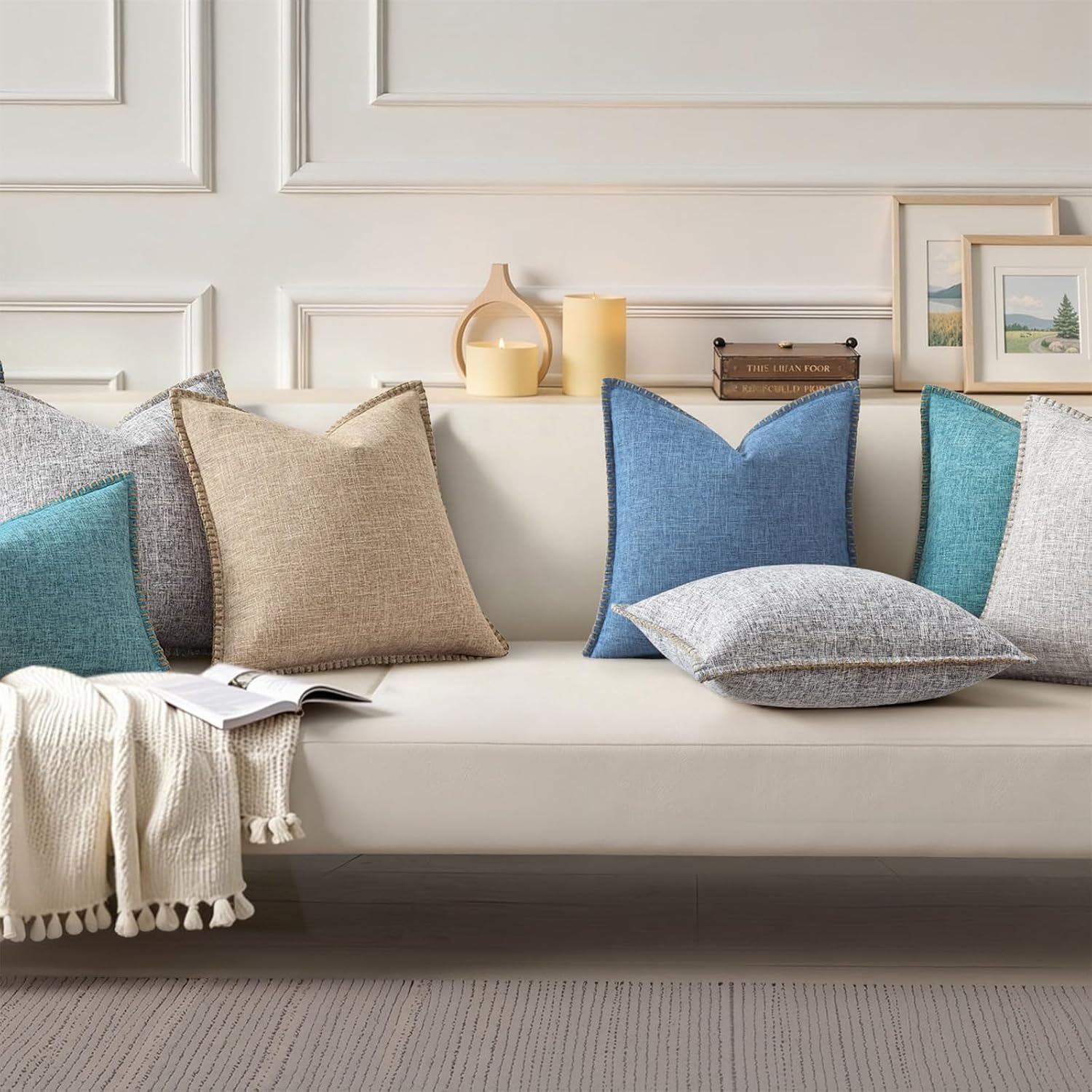Fall Decorative Throw Pillow Covers Square Faux Linen Farmhouse Pillow / Blue / 18 x 18 / Set of 2
