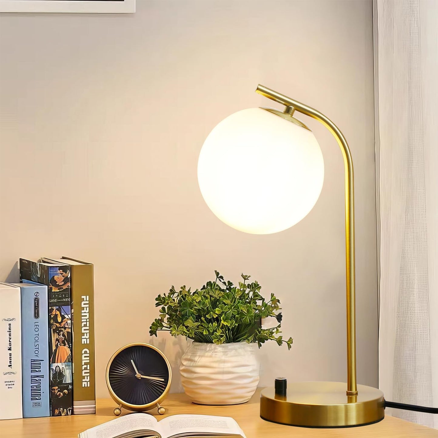 Mid Century Modern Dimmable Globe Table Lamp, Gold,15.3'' high | Minimalist Nightstand Desk Lamp with Milk White Glass