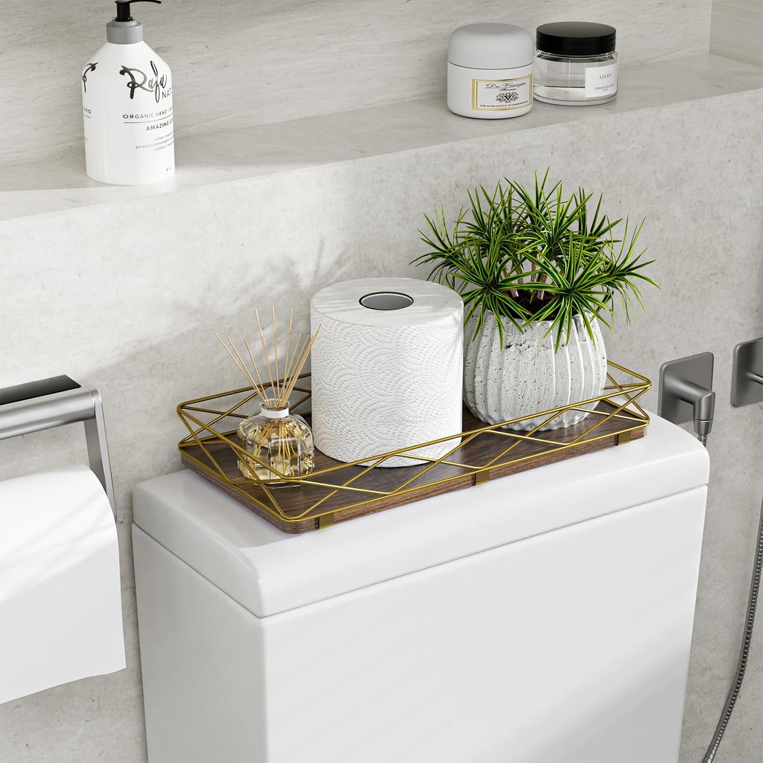 Wood and Metal Toilet Tray Vanity Organizer Bathroom Tray / Brown+gold