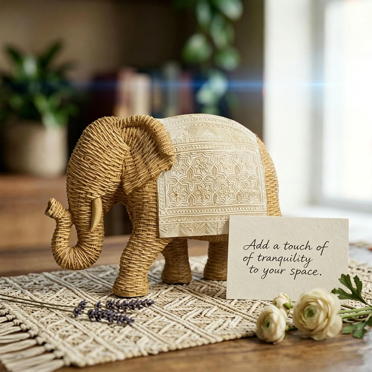 Elephant Statue Boho Home Decor Woven Detail Accent / Woven Gold