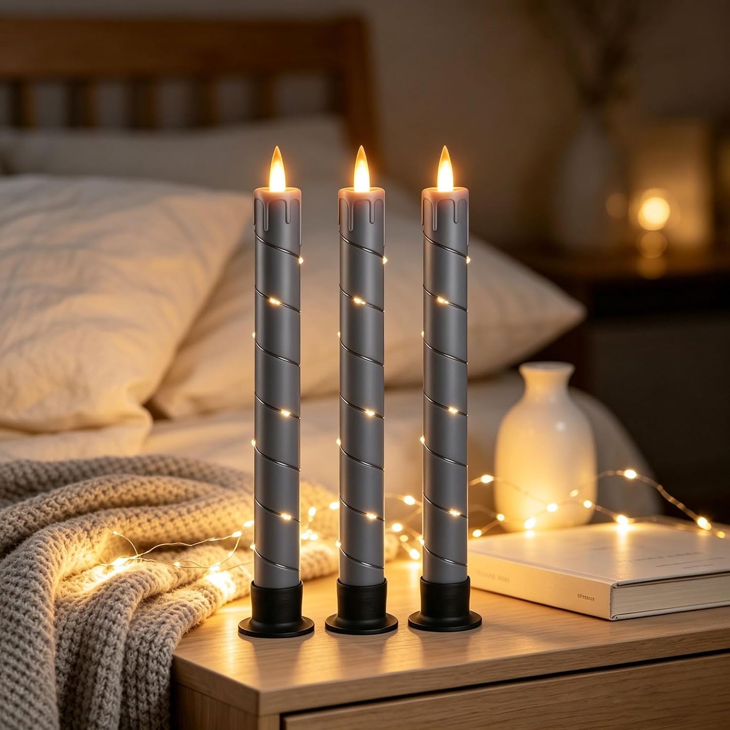 3 Pack Gray Dripping Wax Flameless Candles, Realistic Dynamic Flame LED Taper Candles with Surrounding Fairy String