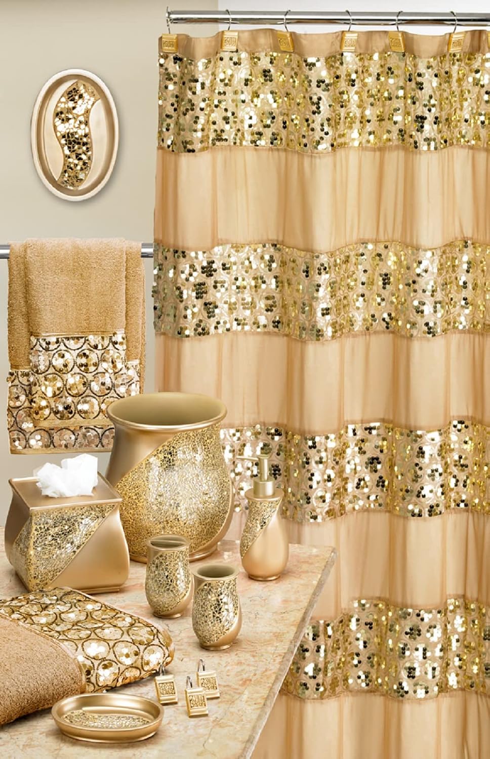 Zahari Home 4pc Sinatra Stylish Bathroom Accessories Set Champagne Gold Soap Dispenser Pump, Tumbler, Tooth Brush