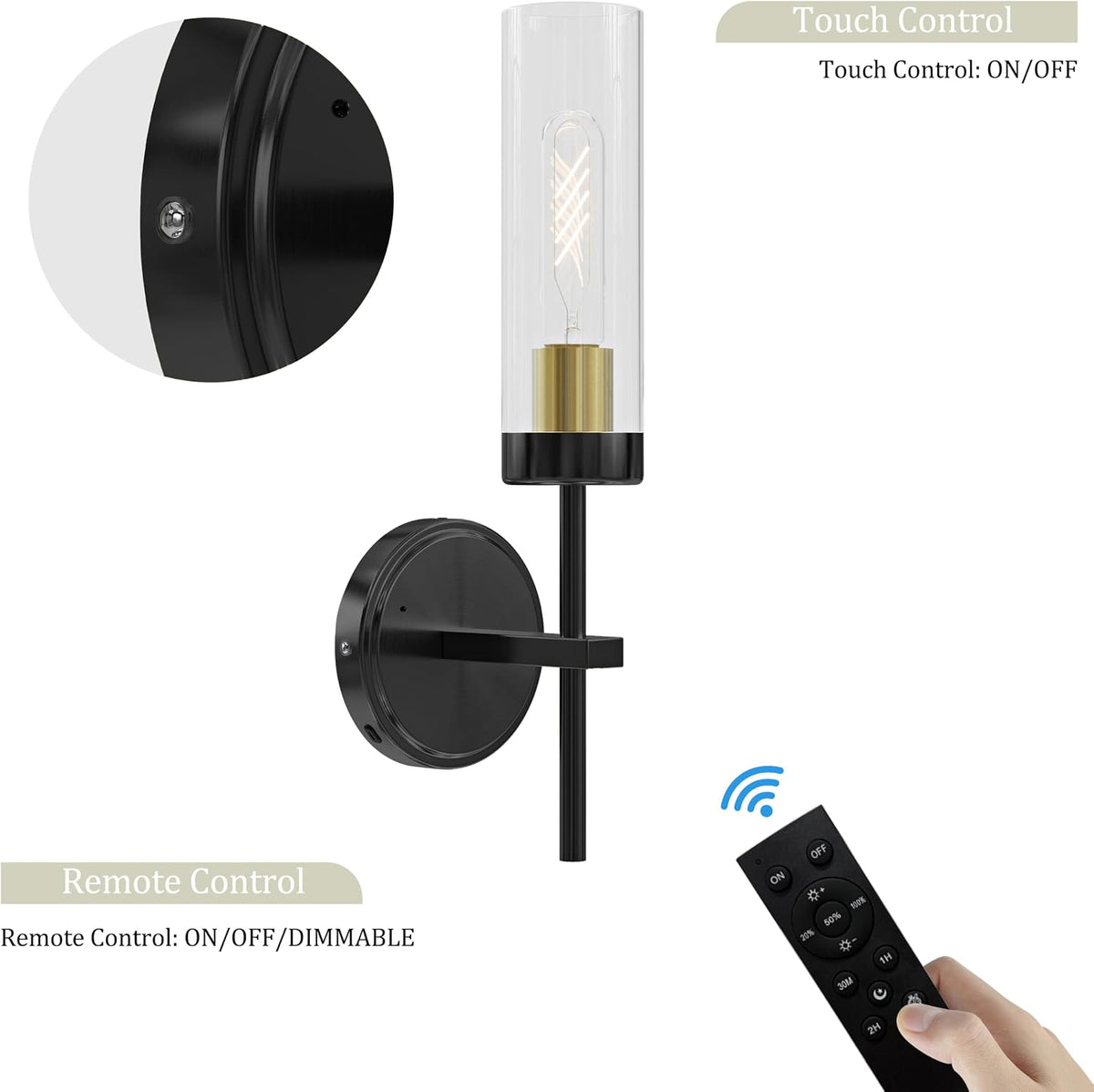 Black Gold Battery Operated Wall Sconce Set of 2, Wireless Wall Sconces with Remote, Rechargeable 3000K Dimmable Wall