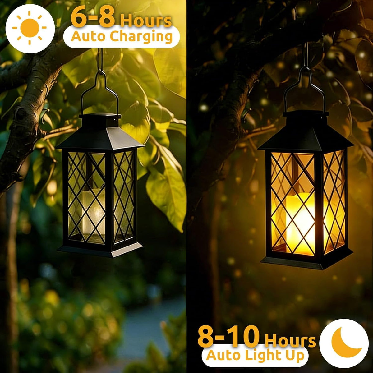 4 Pack 14" Large Tempered Glass Solar Lanterns Outdoor Waterproof | Black retro solar lantern with flickering flameless