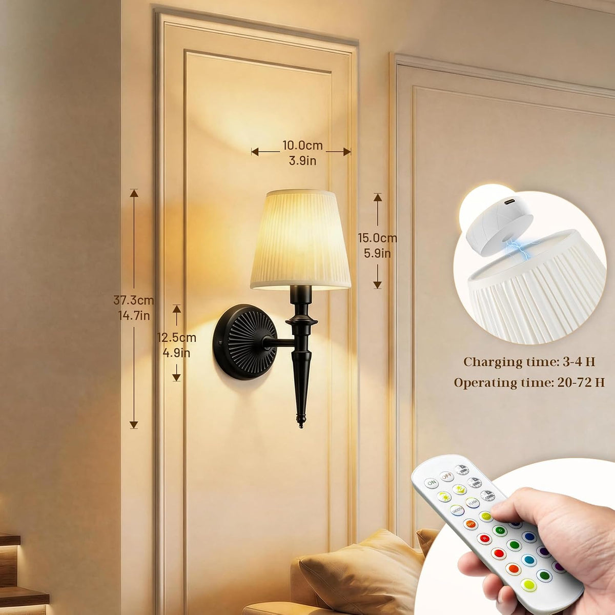 Battery Operated Wall Sconces Set of 2, Wireless Rechargeable Wall Lights with 12 RGB Colors and 3CCT Dimmable, Small