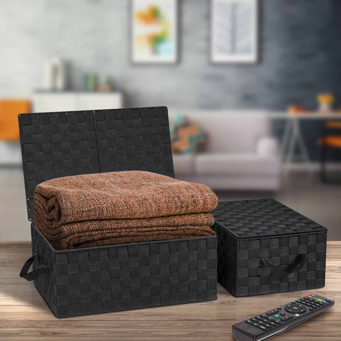 Hand-Woven Storage Baskets / Woven Lid Baskets - Black / Set of 3