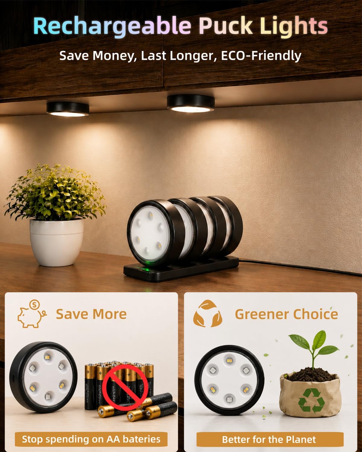 HOLKPOILOT Puck Lights with Charging Station, 2000mAh Rechargeable Under Cabinet Lighting with Remote, 3 Color Temps &7