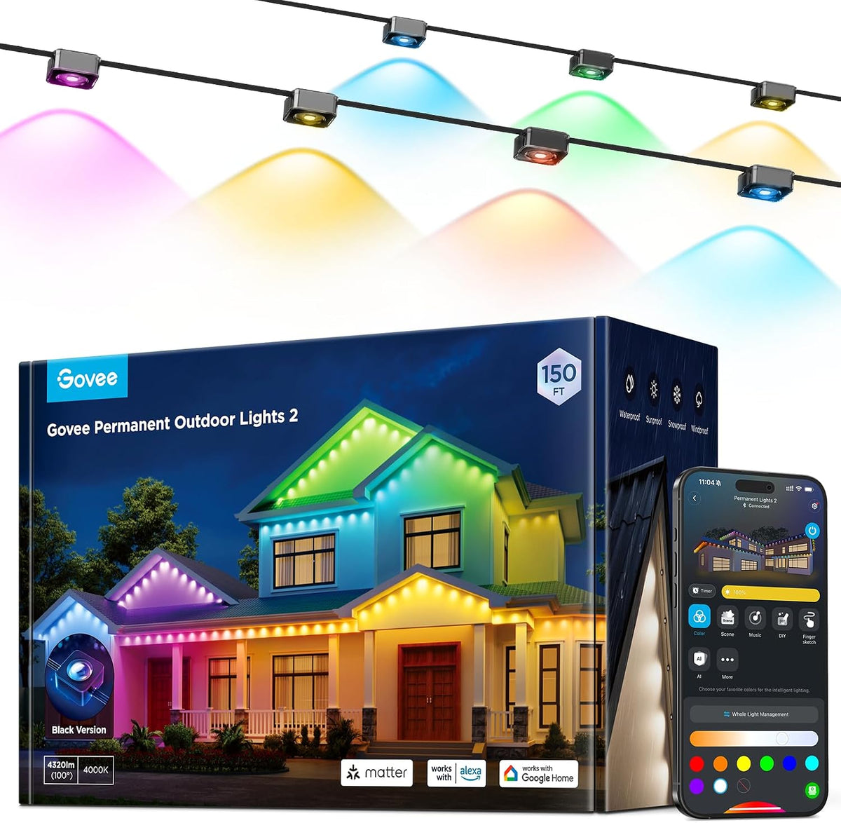 Govee Permanent Outdoor Lights 2, 150ft RGBIC Outdoor Lights with 100 Modes