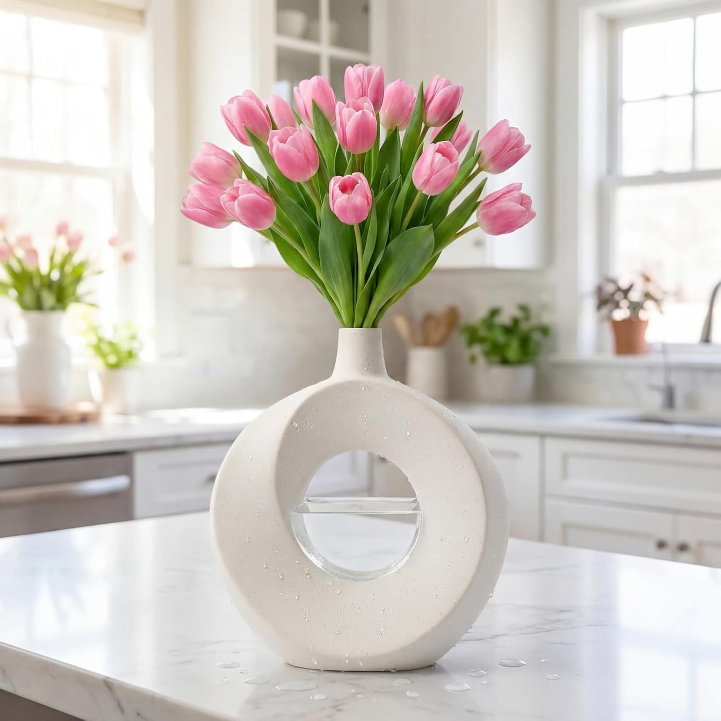 Modern Speckled Matte Circular Hollow Vase / Speckled White / Large - 10.24