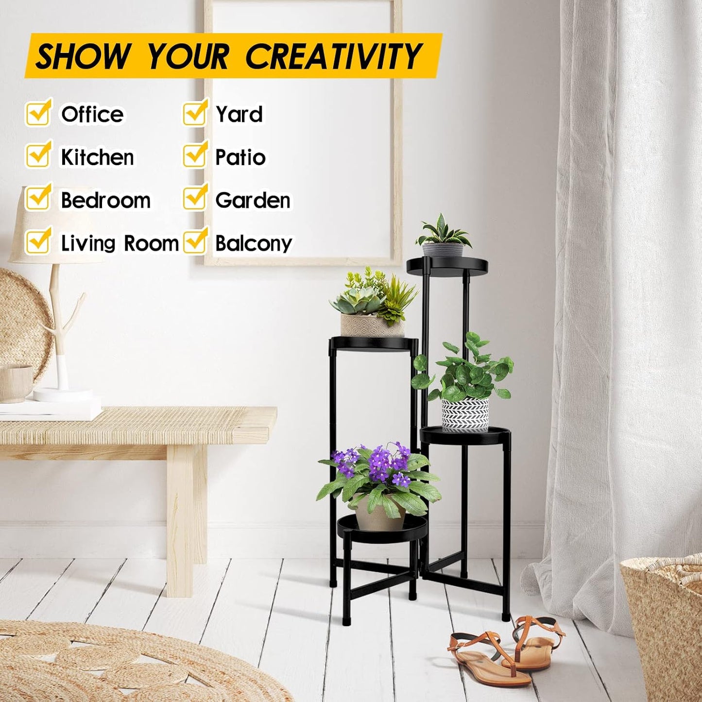 4 Tier Plant Stand Indoor Outdoor, 31 Inch Tall Metal Plant Shelf Waterproof, Plant Holder with Folding Design For