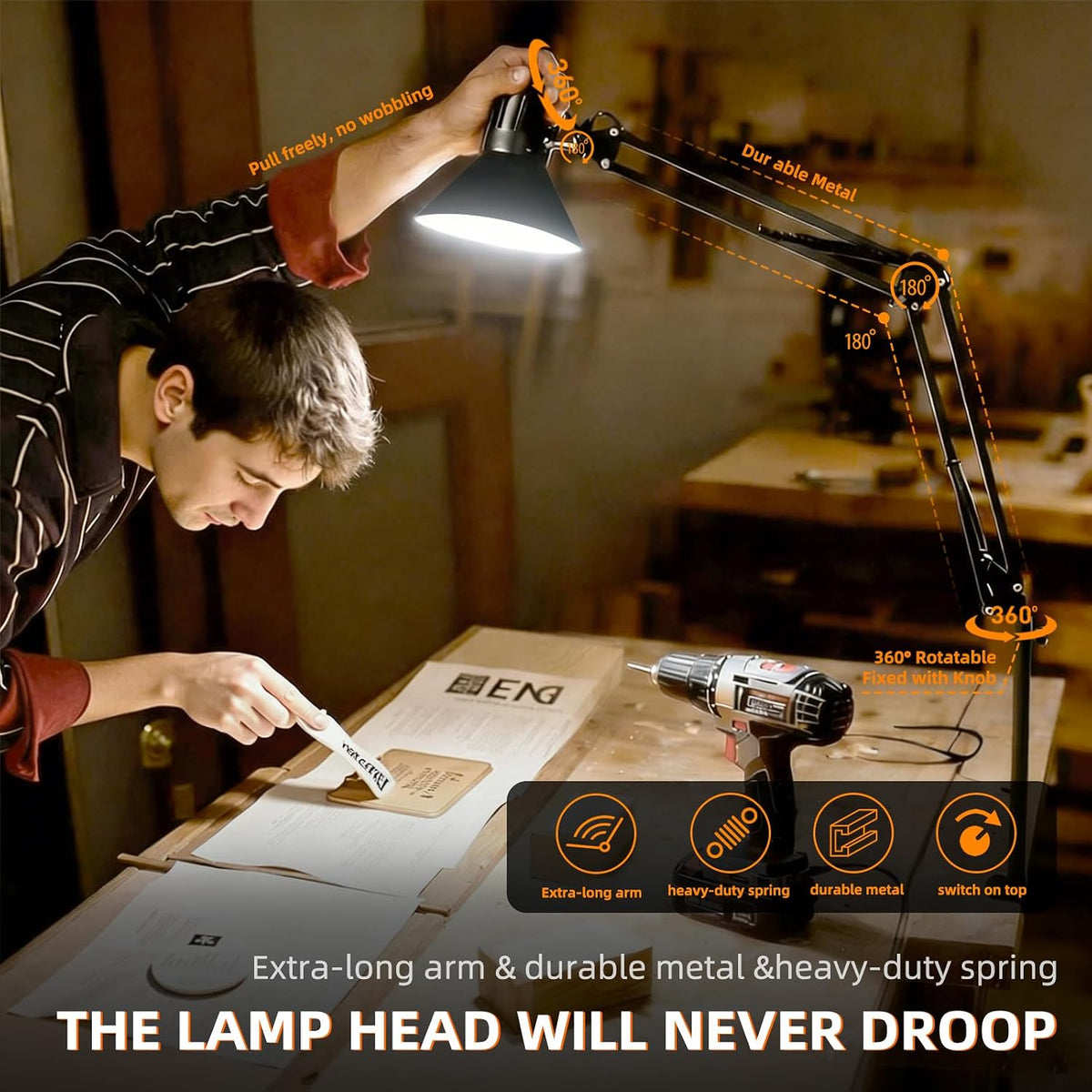 Black Desk Lamp with Clamp, Extra-Tall Adjustable Metal Swing Arm, 5000K | Manicurist Table Lamp for Nail Work