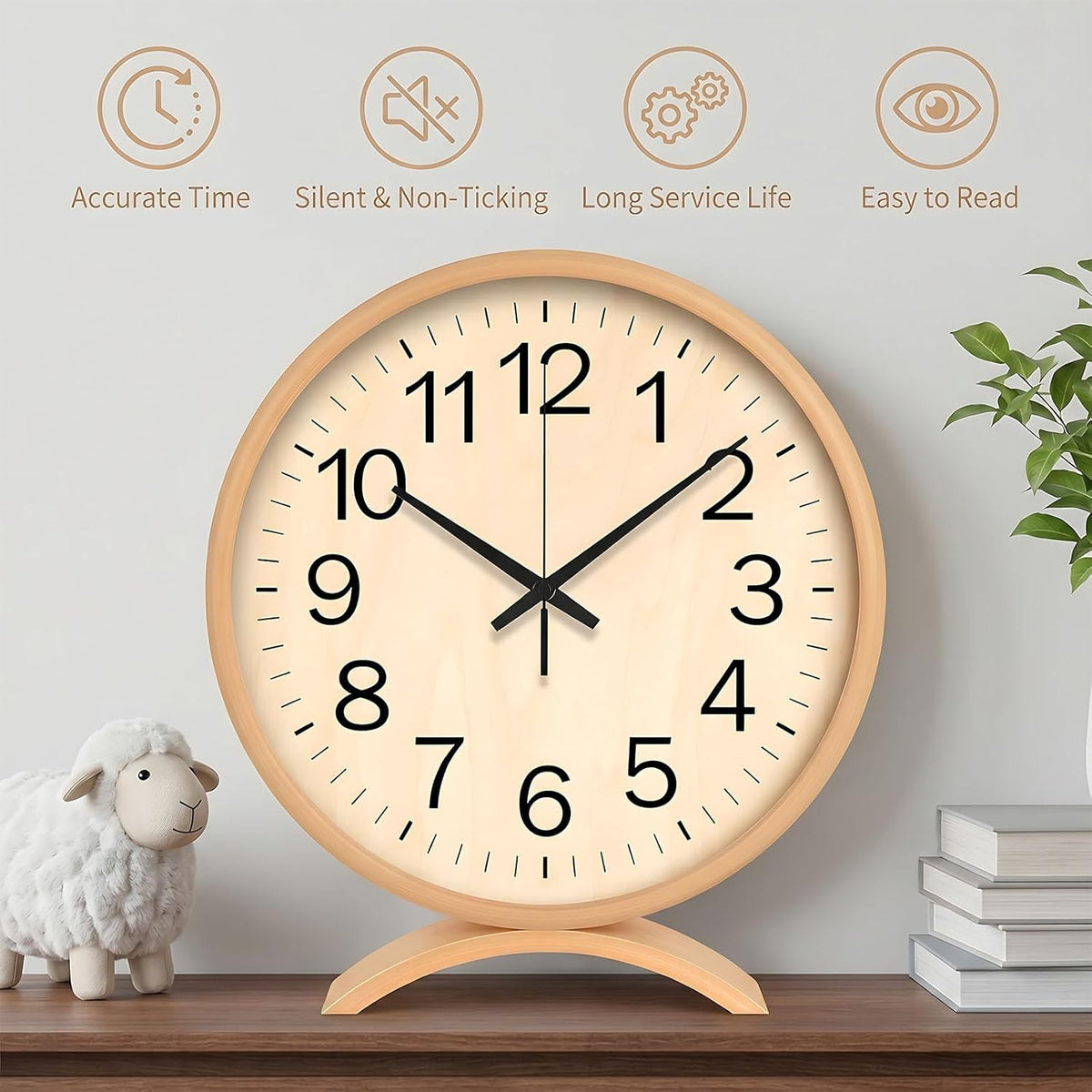 Maxspace Table Clock-8 Inch Silent Non-Ticking Wooden Timepiece Desk Clock, Battery Operated Decor Round Clock for