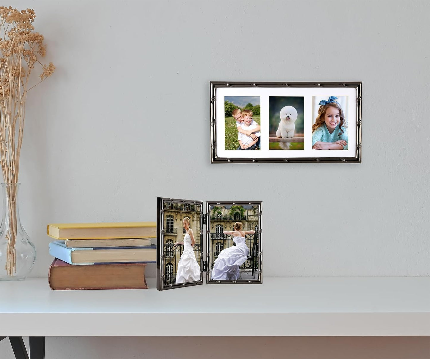 3-2x3'' Black Multi Metal Picture Frames,3 section frames 2pack, Elegant Bamboo Detail Designs Plated Photo Frames