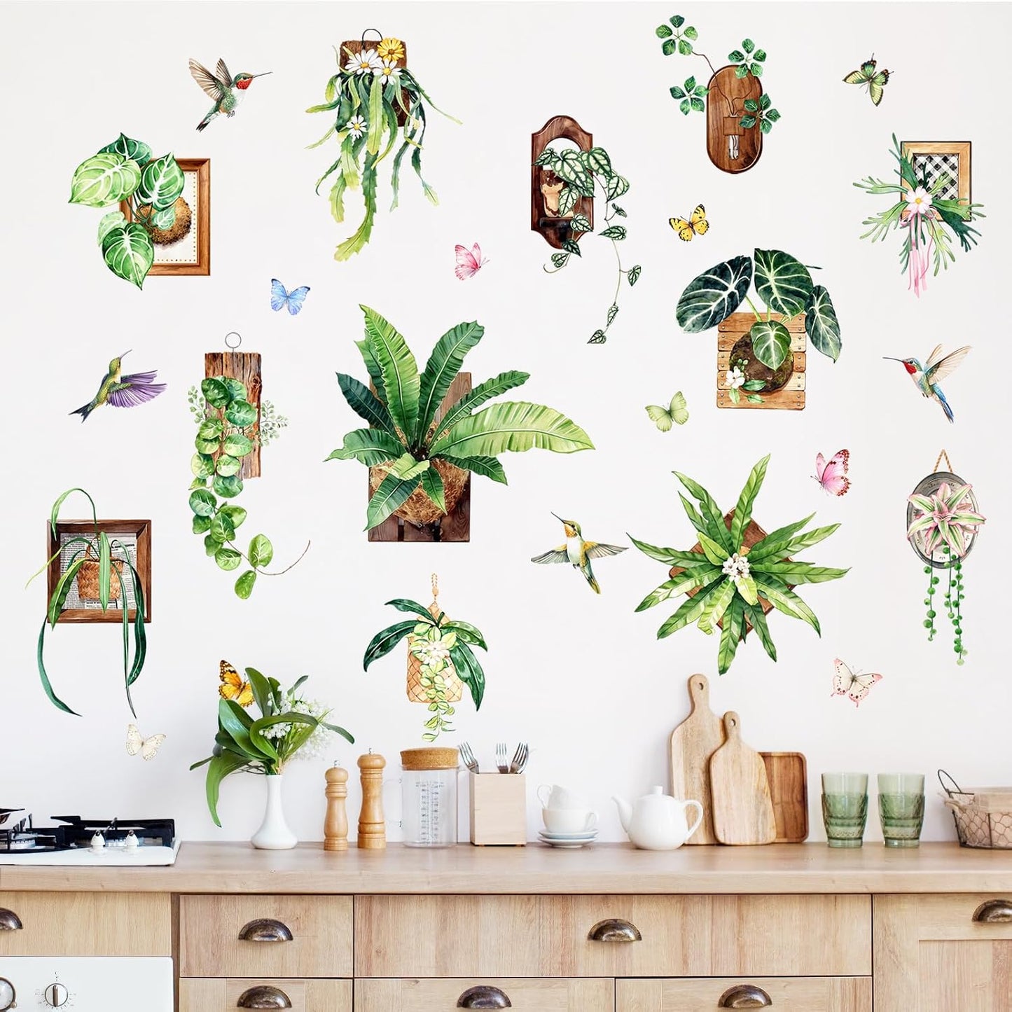 3D Plant Wall Decals Green Hanging Potted Plants Wall Stickers Peel and Stick / Green-potted Plants