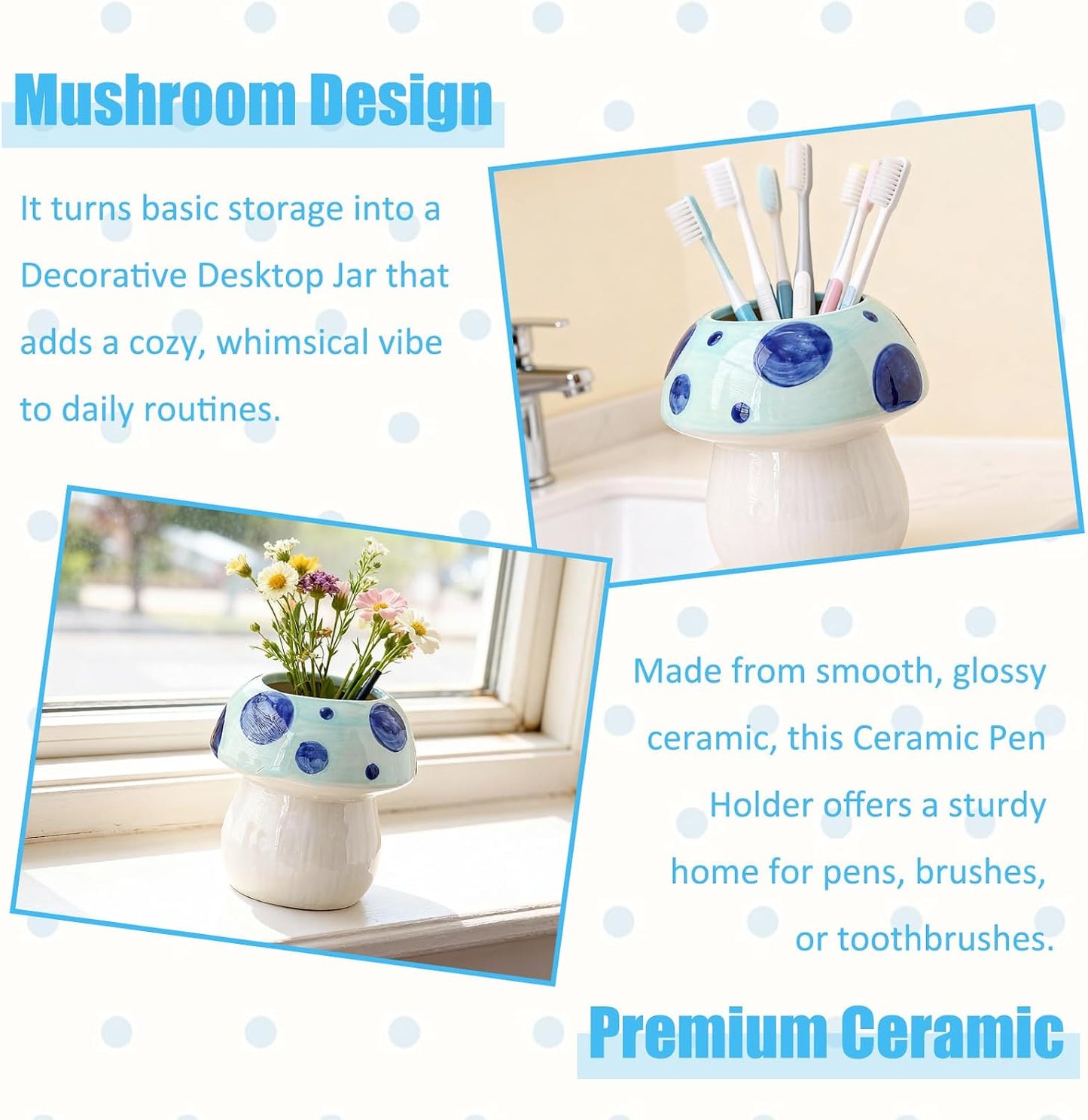 Mushroom Shaped Ceramic Pen Holder / BLUE