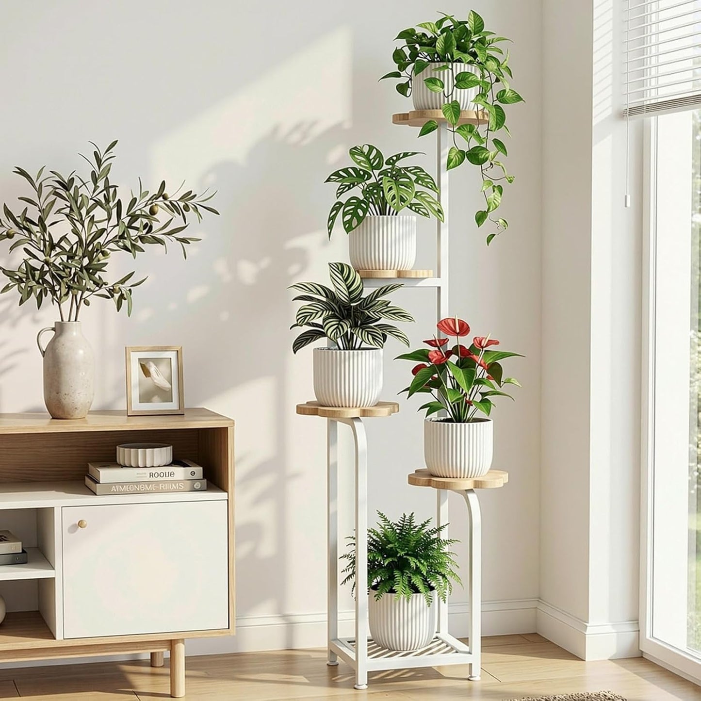 TOSKING Tall 5-Tier Corner Plant Stand Indoor, Anti-Tip, Oak & White,47in | Plywood trays,wide base and heavy-duty