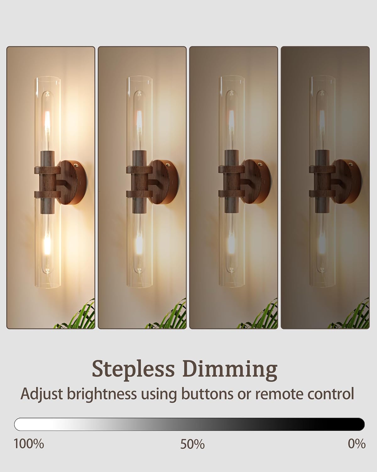 Rayogale Walnut Wireless Battery Operated Wall Sconces with Remote Control | Glass Rechargeable Wall Lights Set of 2