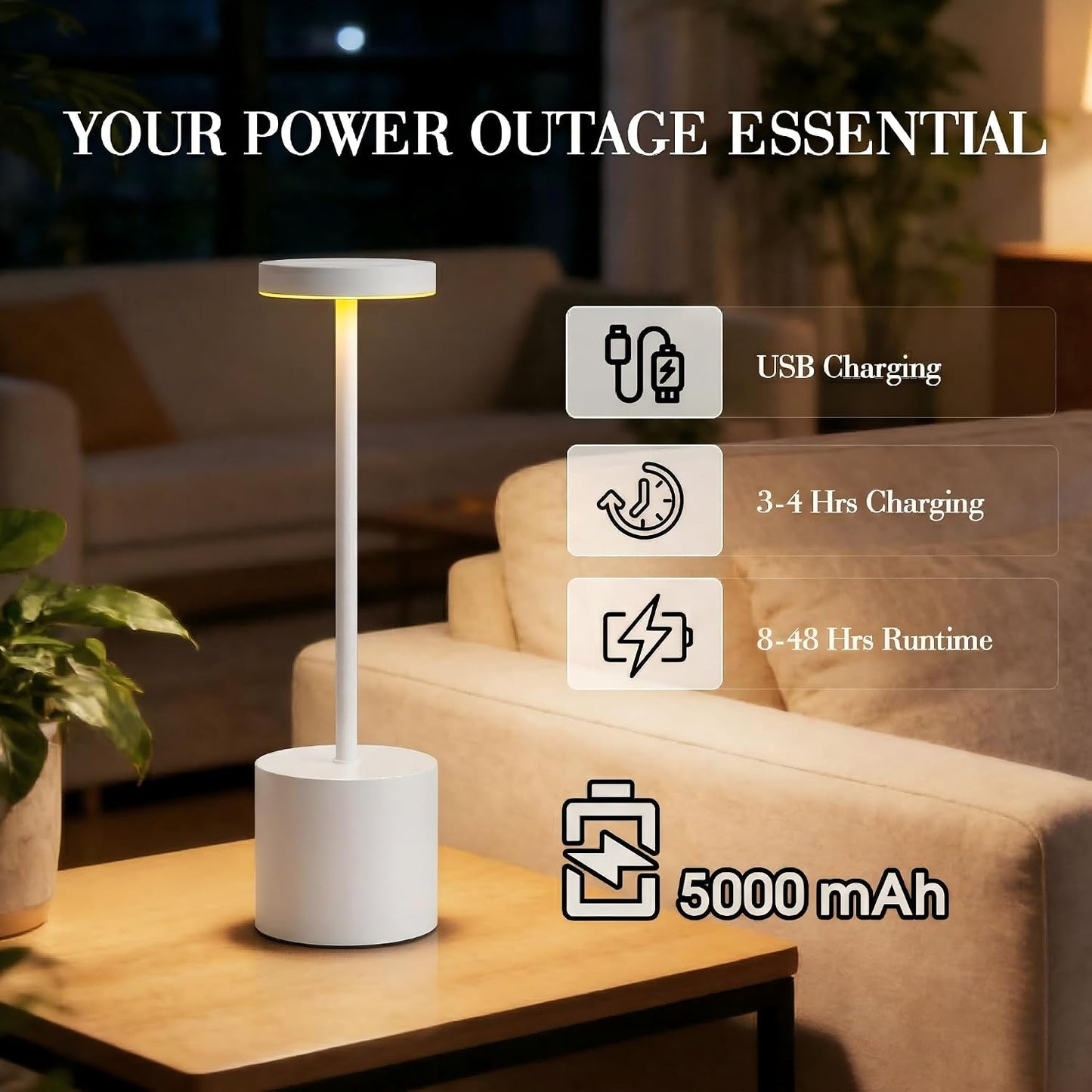 AUDLES White Cordless Table Lamp Set of 2, USB Rechargeable Touch Dimmable | Desk lamp with 3 color temperatures, touch