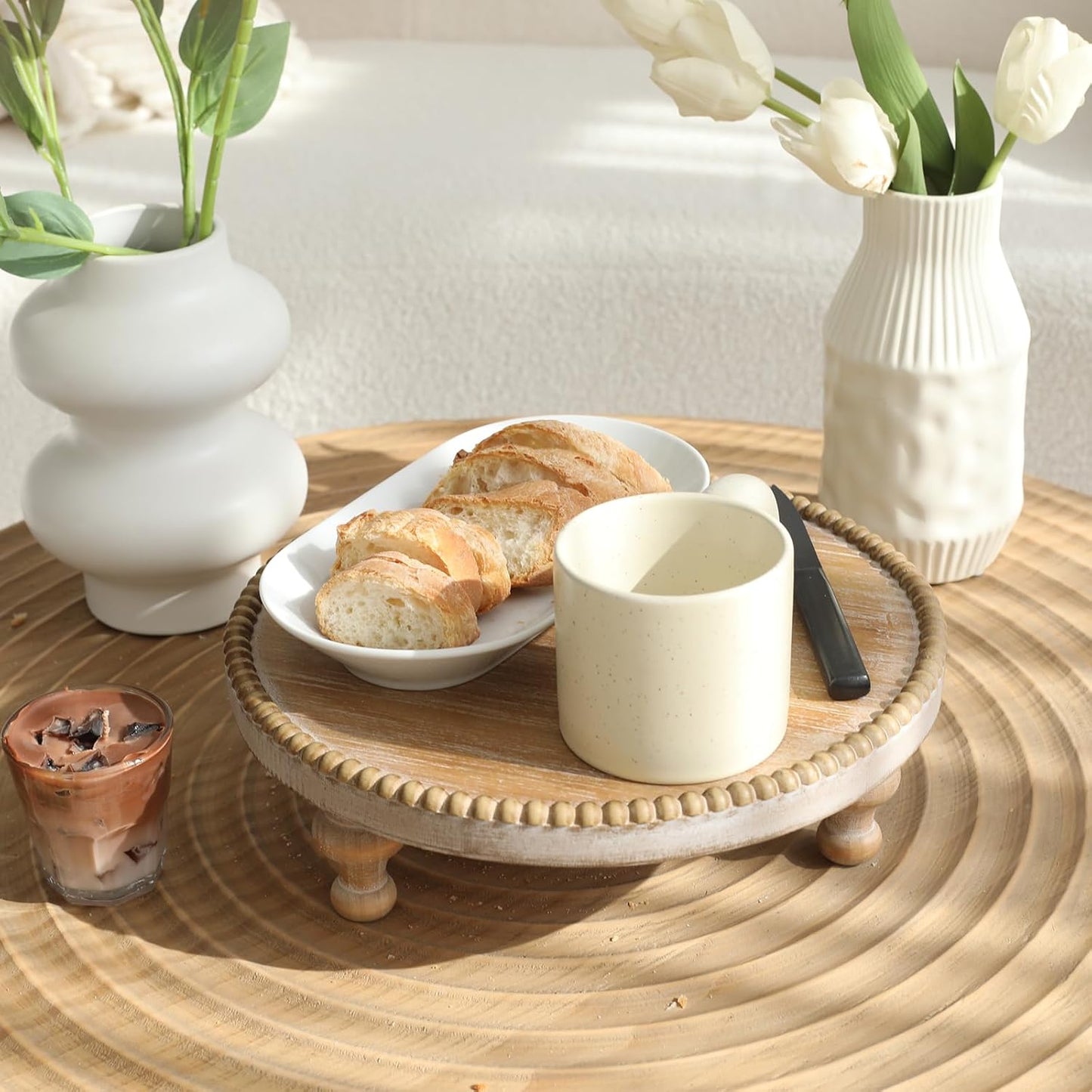 Rustic Round Wood Tray Riser Farmhouse Pedestal Stand / Burlywood