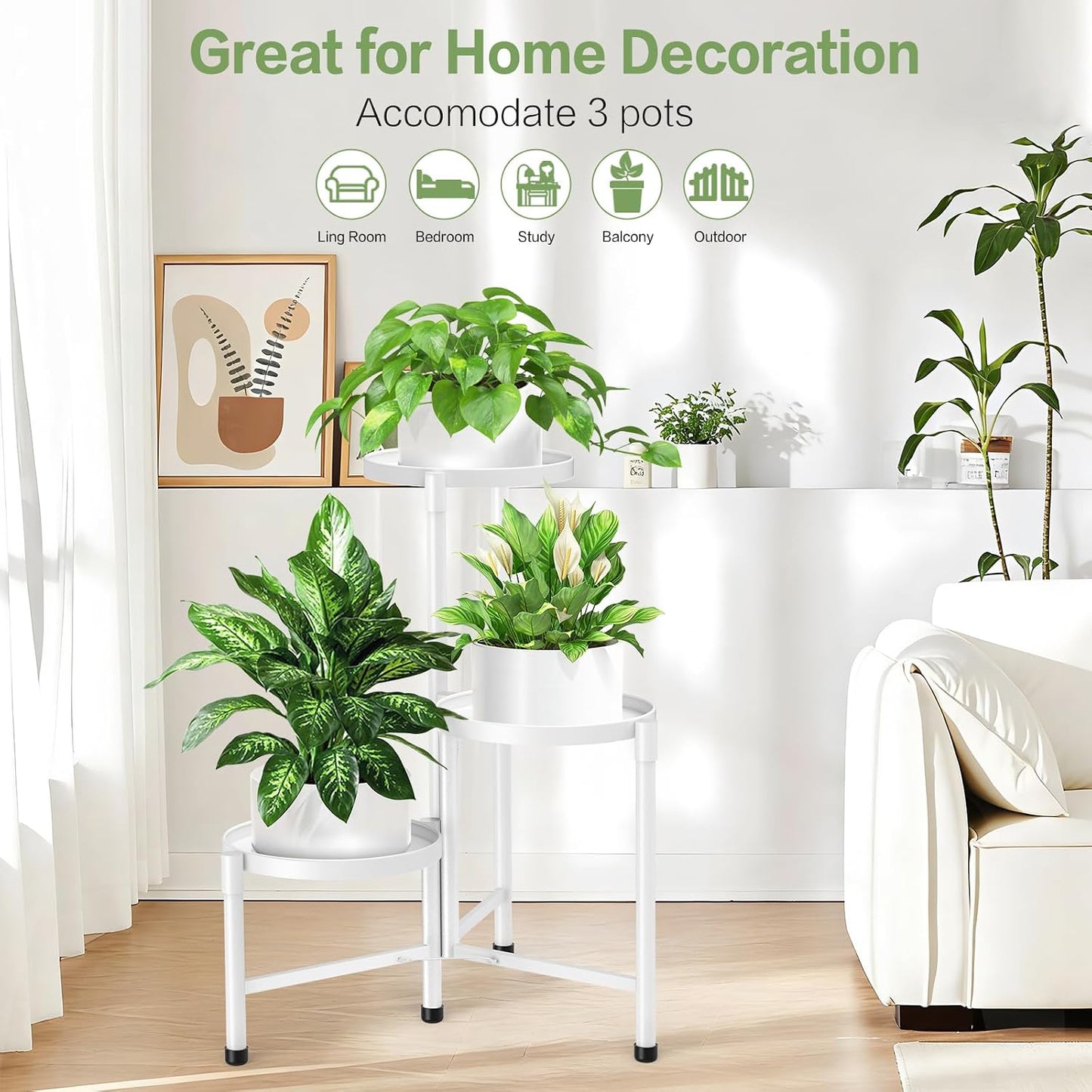 3 Tier Metal Corner Plant Stand Indoor Outdoor, 10 Inch Wide Tray, White | 30 In Tall Foldable Iron Flower Pot Holder
