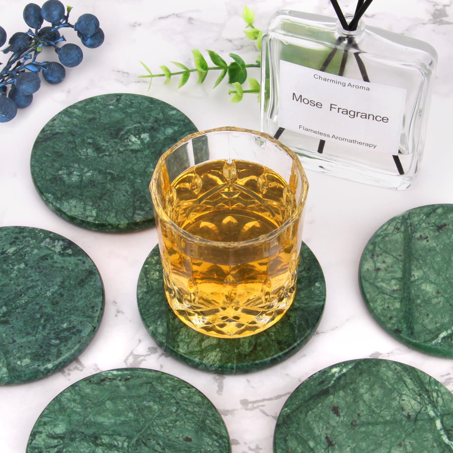 Natural Marble Coasters / Blackish Green / Round / 4 Inch / Set of 4