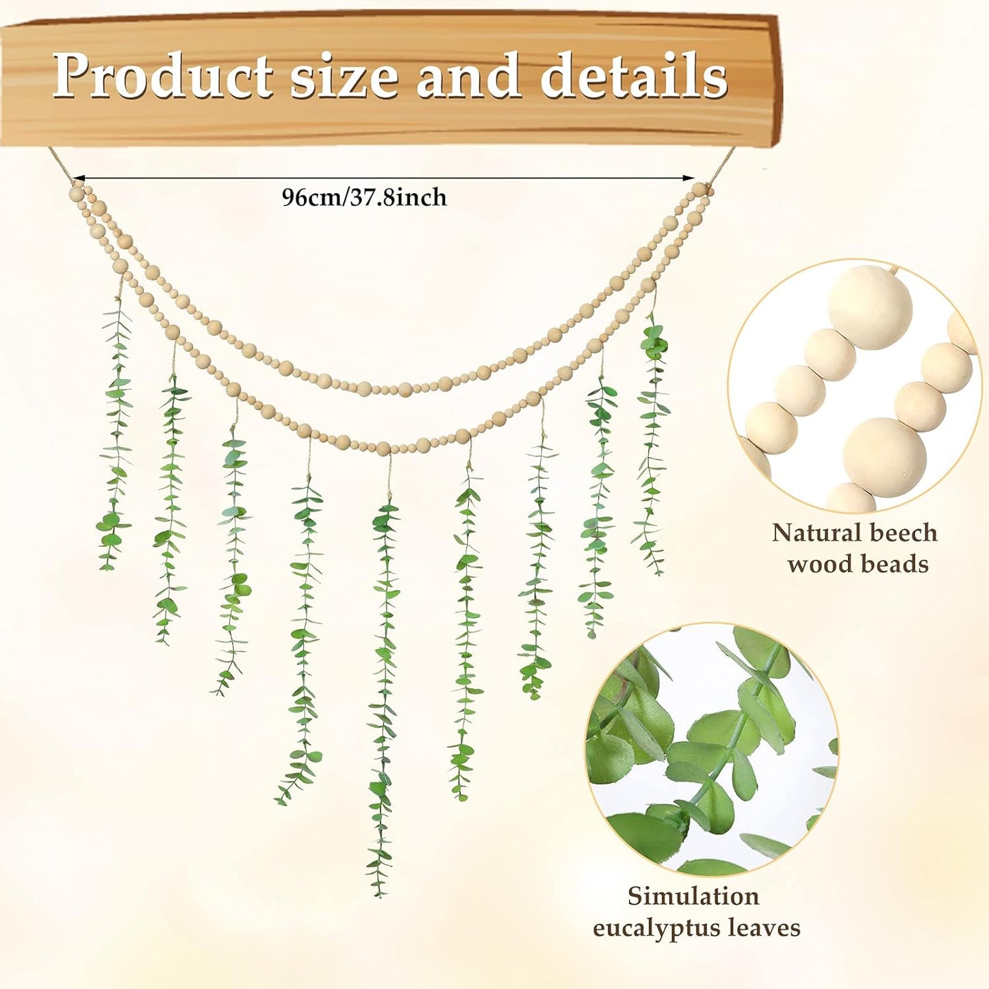Hanging Eucalyptus Boho Wall Decor Large Boho Bedroom Wall Hanging Wooden Bead Garland / Natural