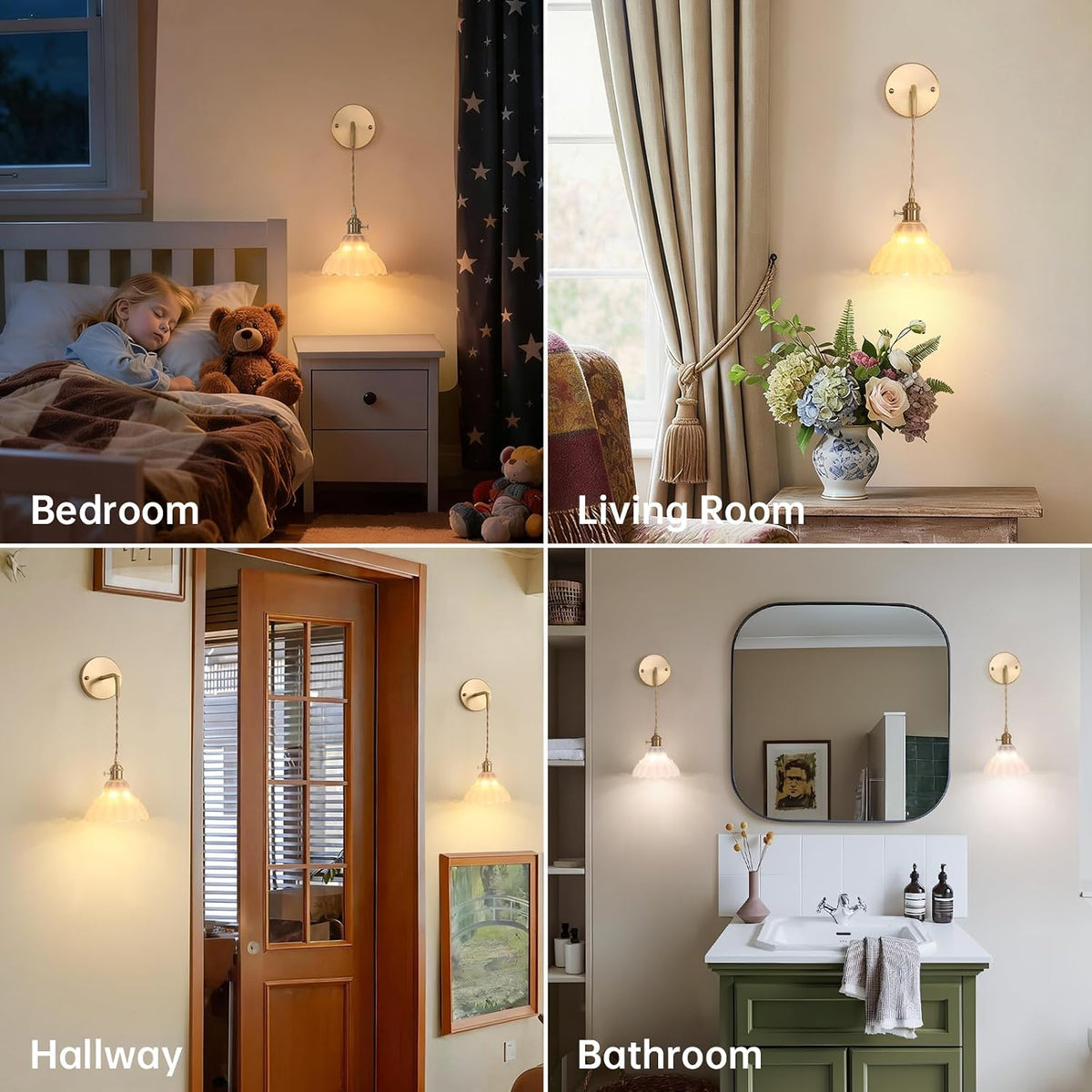 Shenmoyl Vintage Battery Operated wall sconces Set of 2, Wall Lamps with White Lily of the Shade Pattern Glass