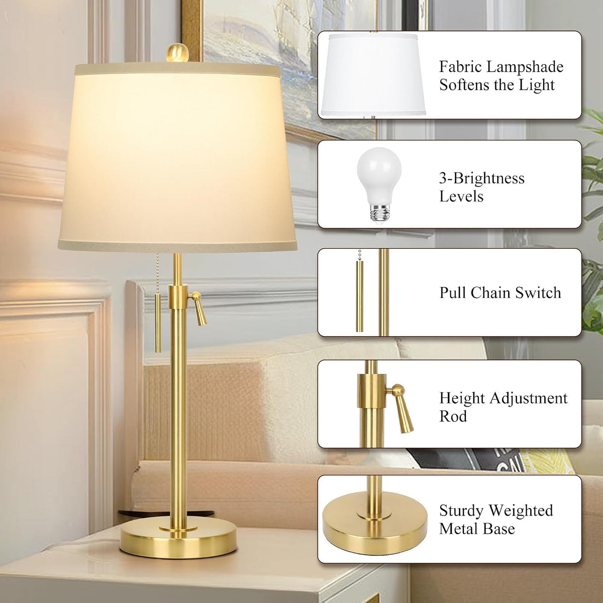 Modern Gold table Lamp 22" to 30"Adjustable Height 3 Brightness Way Brass Nightstand with White Linen Shade Pull Chain