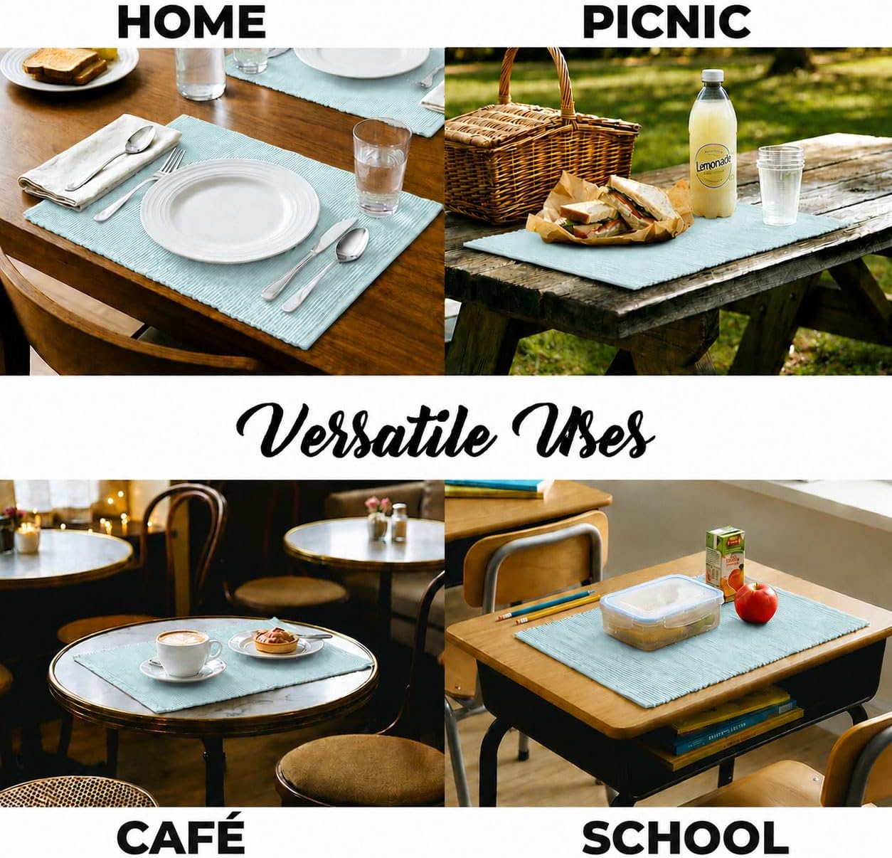 100% Cotton Ribbed Placemats - Set of 8-13 x 19 Inches - Light Blue - Everyday Cloth Table Mats - Thick Construction